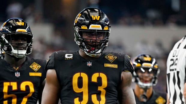 Oct 2, 2022; Arlington, Texas, USA; Washington Commanders defensive tackle Jonathan Allen (93) during the game between the Dallas Cowboys and the Washington Commanders AT&T Stadium. Mandatory Credit: Jerome Miron-USA TODAY Sports  